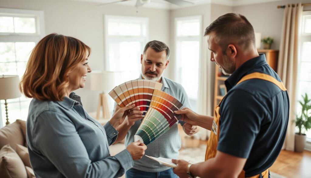 Homeowner in Alvin, Texas reviewing painting samples with a professional painting contractor Homeowner in Alvin, Texas reviewing painting samples with a professional painting contractor