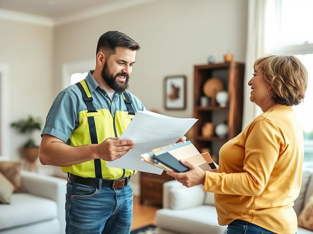 Professional painter answering questions for an Alvin homeowner about their residential painting project Professional painter answering questions for an Alvin homeowner about their residential painting project