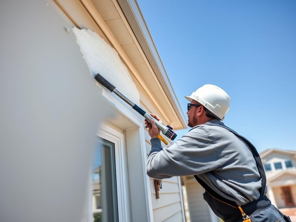 Weather-resistant exterior paint being applied to a home in Alvin, Texas during ideal weather conditions Weather-resistant exterior paint being applied to a home in Alvin, Texas during ideal weather conditions