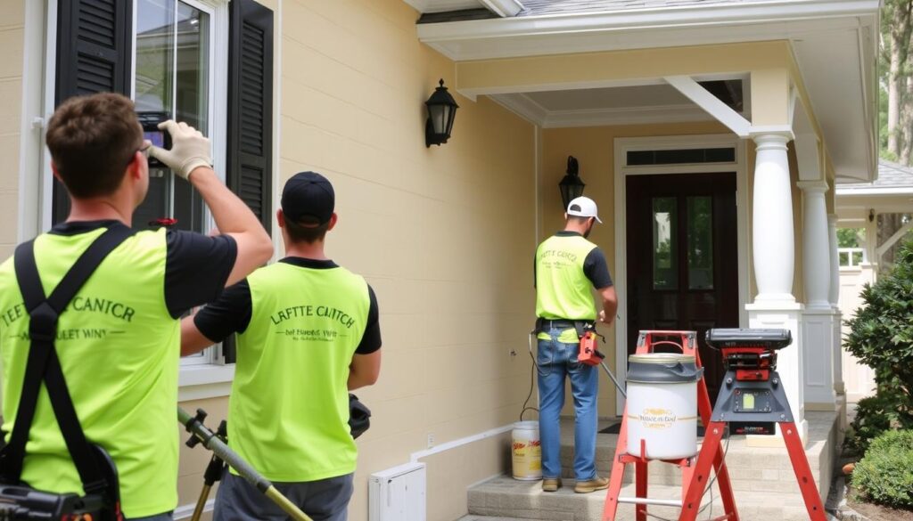 Professional residential painting team from All Seasons Painting working on a home in League City