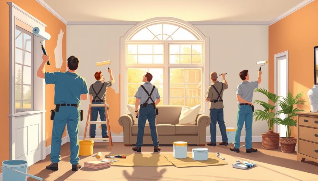 A professional house painting crew from All Seasons Painting LLC, expertly applying a fresh coat of high-quality paint to the interior walls of a cozy suburban home. The painters work with focused attention, using brushes and rollers to seamlessly blend the new paint with the existing colors. Warm, natural lighting filters in through large windows, casting a soft glow over the scene. The space is neat and orderly, with drop cloths and painting supplies neatly arranged. An atmosphere of meticulous craftsmanship and attention to detail pervades the image, conveying the expertise and care that a top-rated residential painting company would bring to transforming a home's interior.