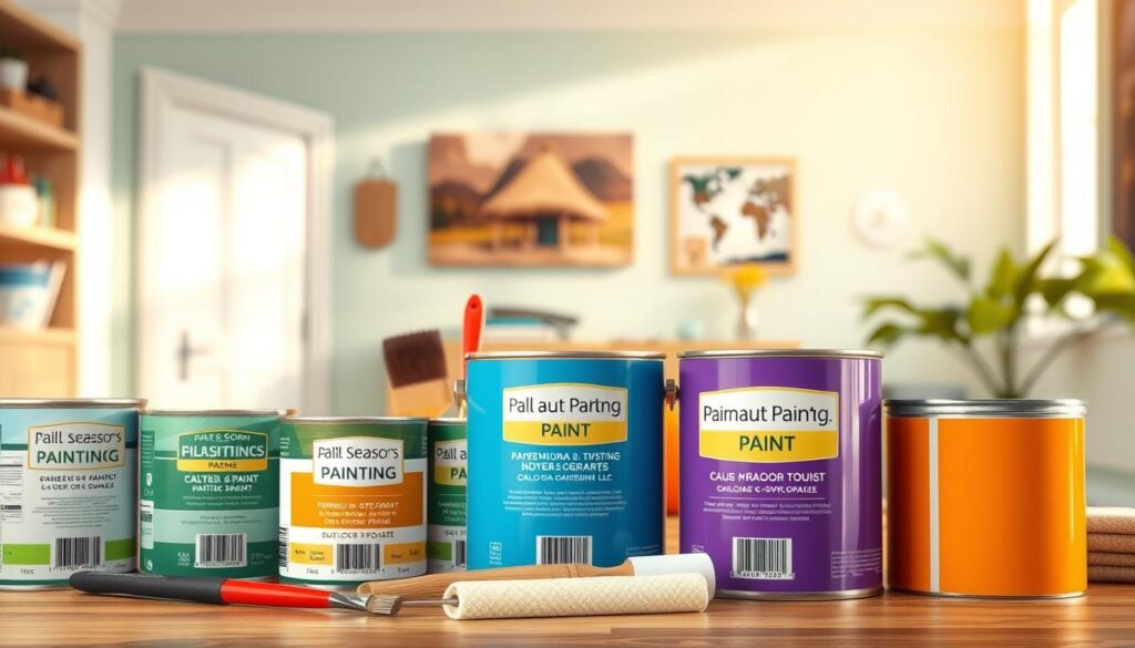 A well-lit, high-quality still life of premium paint products and materials used by All Seasons Painting LLC. In the foreground, a variety of paint cans in various colors, with clear labels and sleek, modern designs. In the middle ground, brushes, rollers, and other application tools arranged neatly. In the background, a soft-focus scene of a freshly painted interior, showcasing the vibrant, high-quality finish. The lighting is warm and natural, creating a sense of luxury and professionalism. The overall composition is balanced and visually appealing, emphasizing the attention to detail and quality that All Seasons Painting LLC brings to every project.