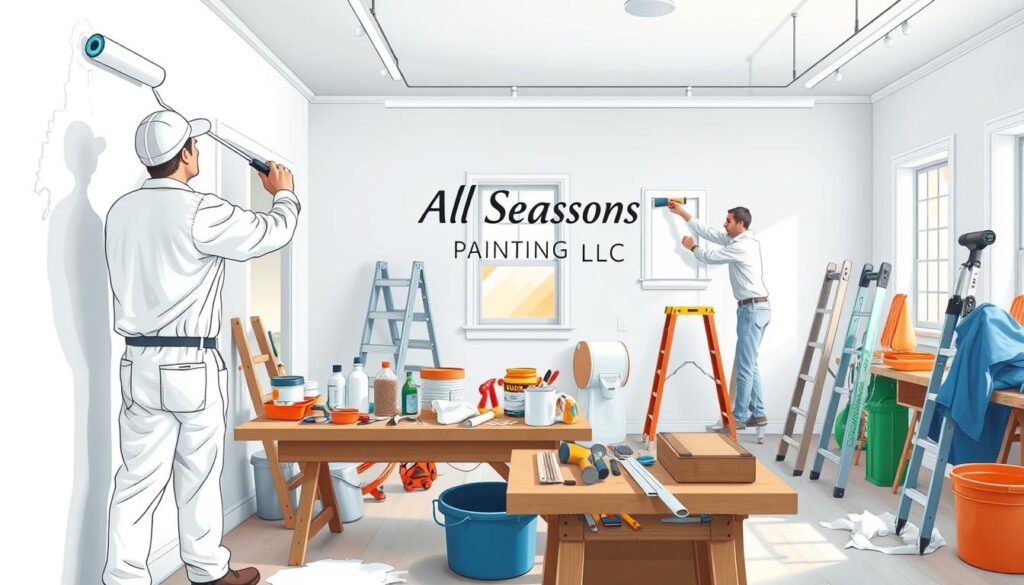 A well-lit, photorealistic interior scene of a professional painting and decorating service. In the foreground, a worker in a white coverall skillfully applies a fresh coat of paint to a wall using a roller. Beside him, an array of high-quality painting tools and supplies are neatly organized on a workbench. In the middle ground, another worker carefully trims around a window frame with a brush, creating a crisp, clean line. The background shows a clean, orderly workspace with ladders, drop cloths, and other equipment associated with a professional painting business. The branding "All Seasons Painting LLC" is prominently displayed on the wall. The overall mood is one of expertise, efficiency, and attention to detail.