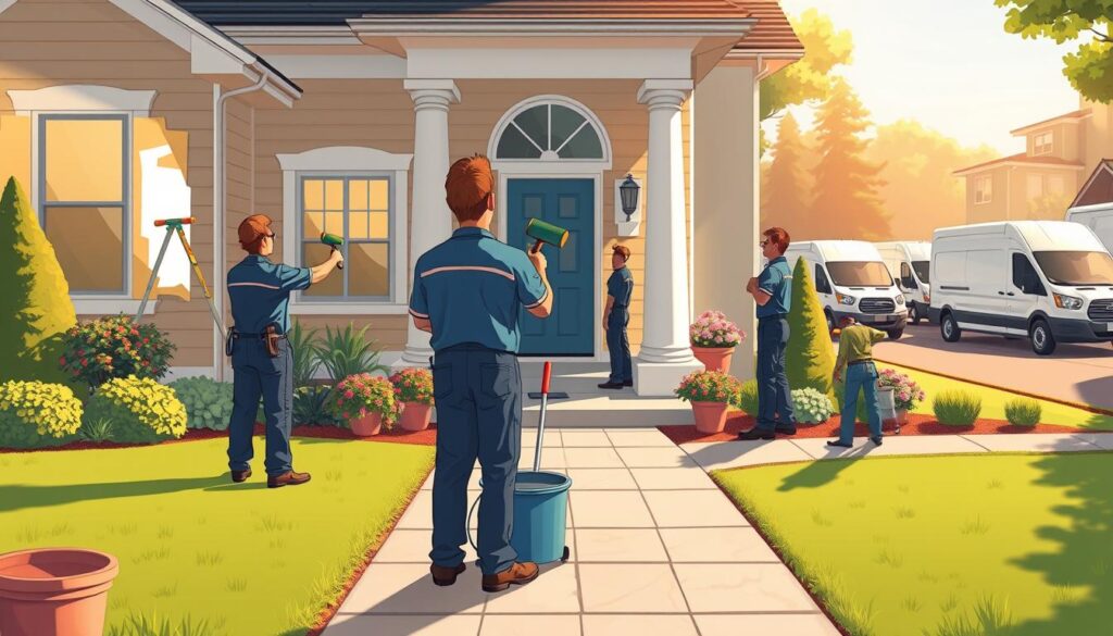 A well-lit, well-composed exterior scene of a residential house painting company, "All Seasons Painting LLC". The foreground shows a team of professional painters in uniform, carefully brushing and rolling paint on the home's exterior walls and trim. The middle ground features a neatly manicured lawn, with potted plants and flowers lining the walkway to the front door. In the background, a fleet of company vans and trucks are parked, suggesting the scale and scope of the painting services offered. The lighting is warm and natural, creating a welcoming and professional atmosphere. The overall mood conveys the attention to detail, quality workmanship, and specialized expertise of the "All Seasons Painting LLC" brand.
