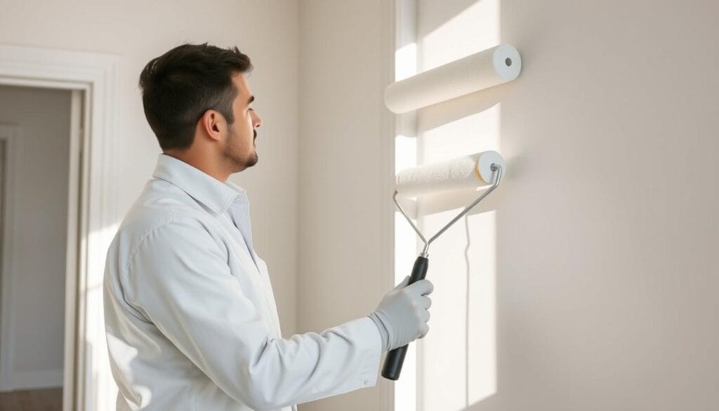 Professional painter applying paint to interior wall with house painting services
