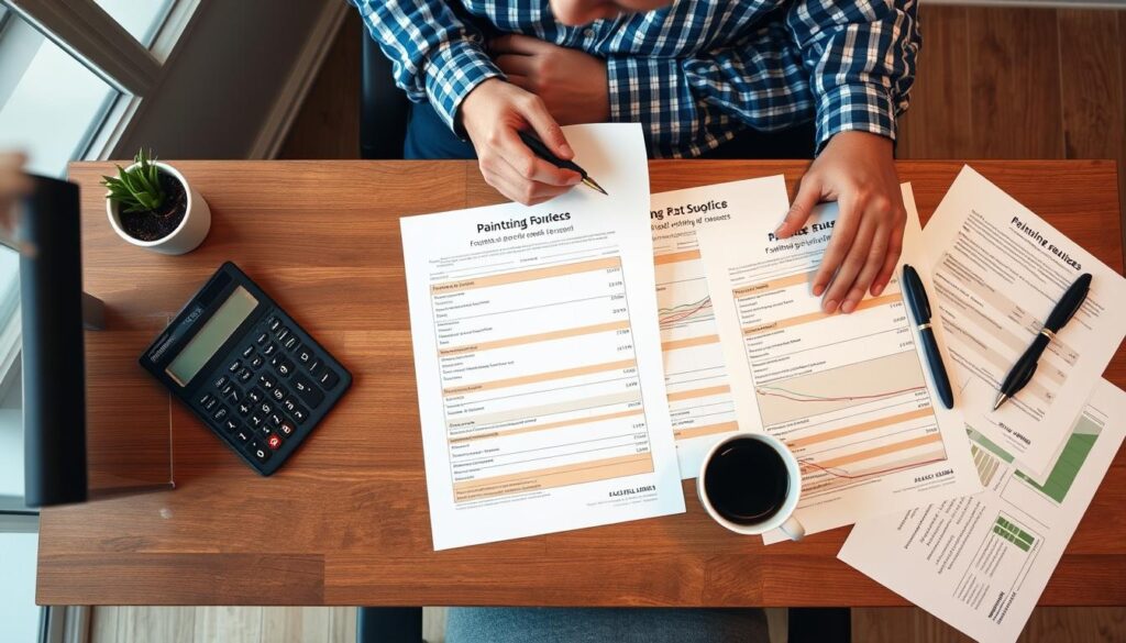 Homeowner comparing multiple painting quotes at desk