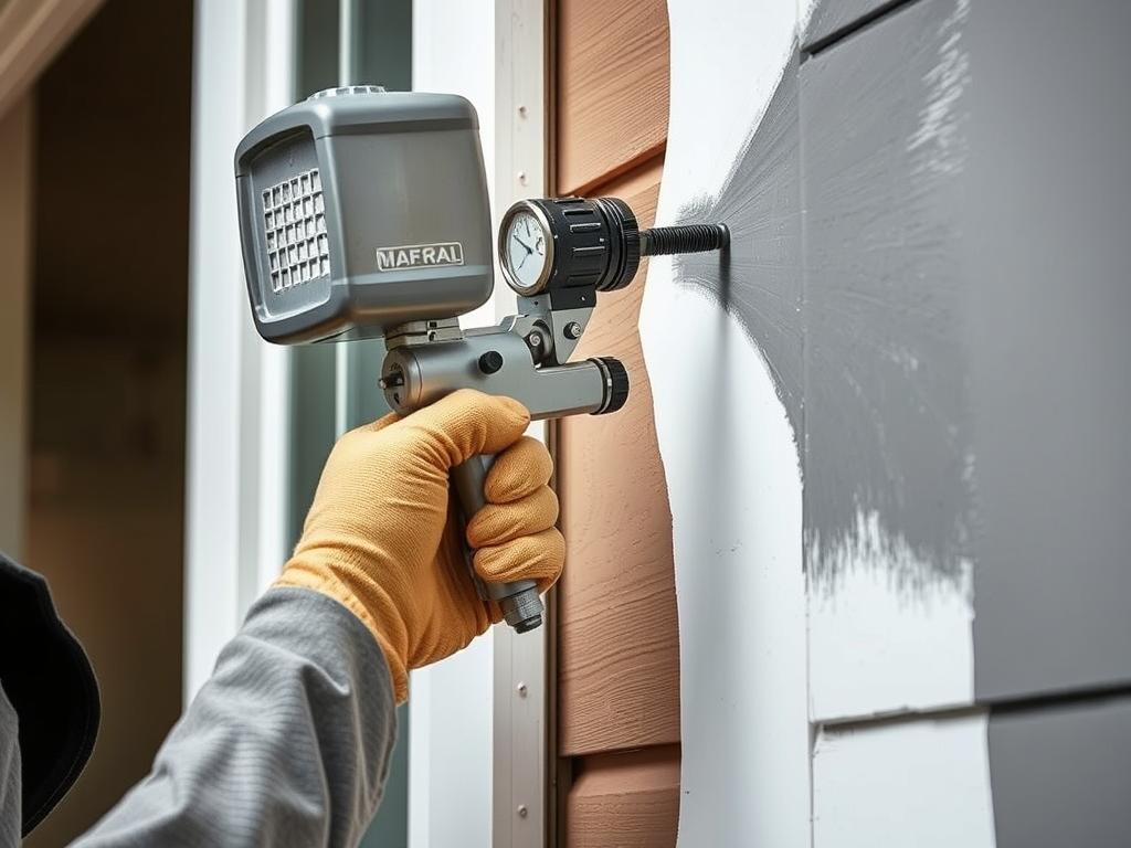 Painter applying paint to exterior wall with professional equipment