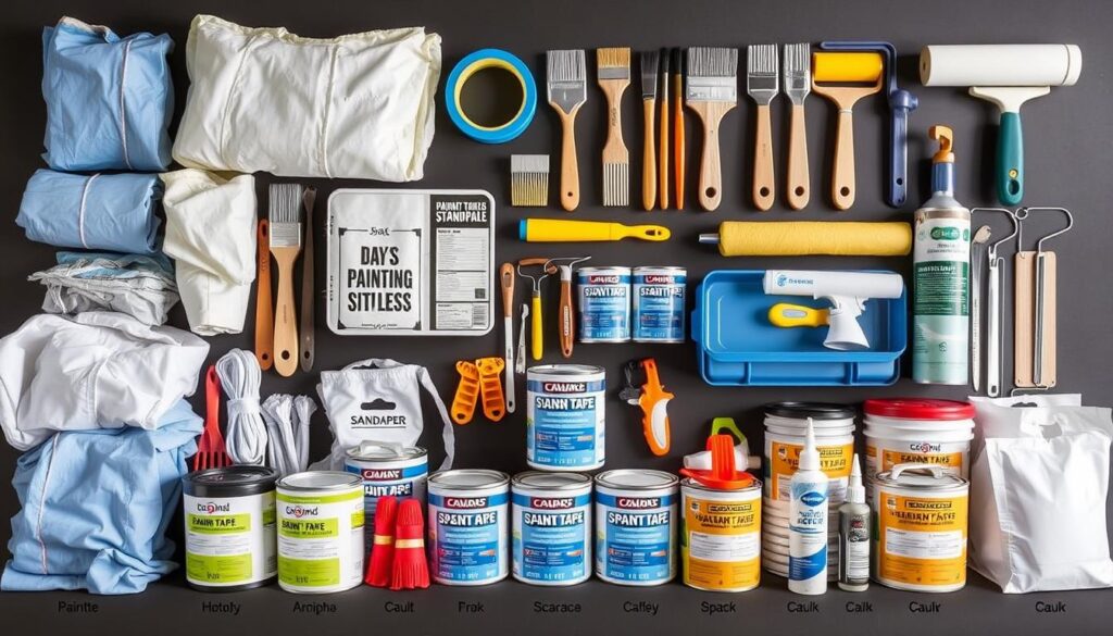 Complete set of residential painting supplies organized and ready for use