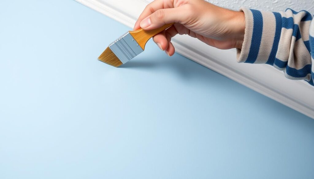 Professional painter demonstrating cutting-in technique for residential painting