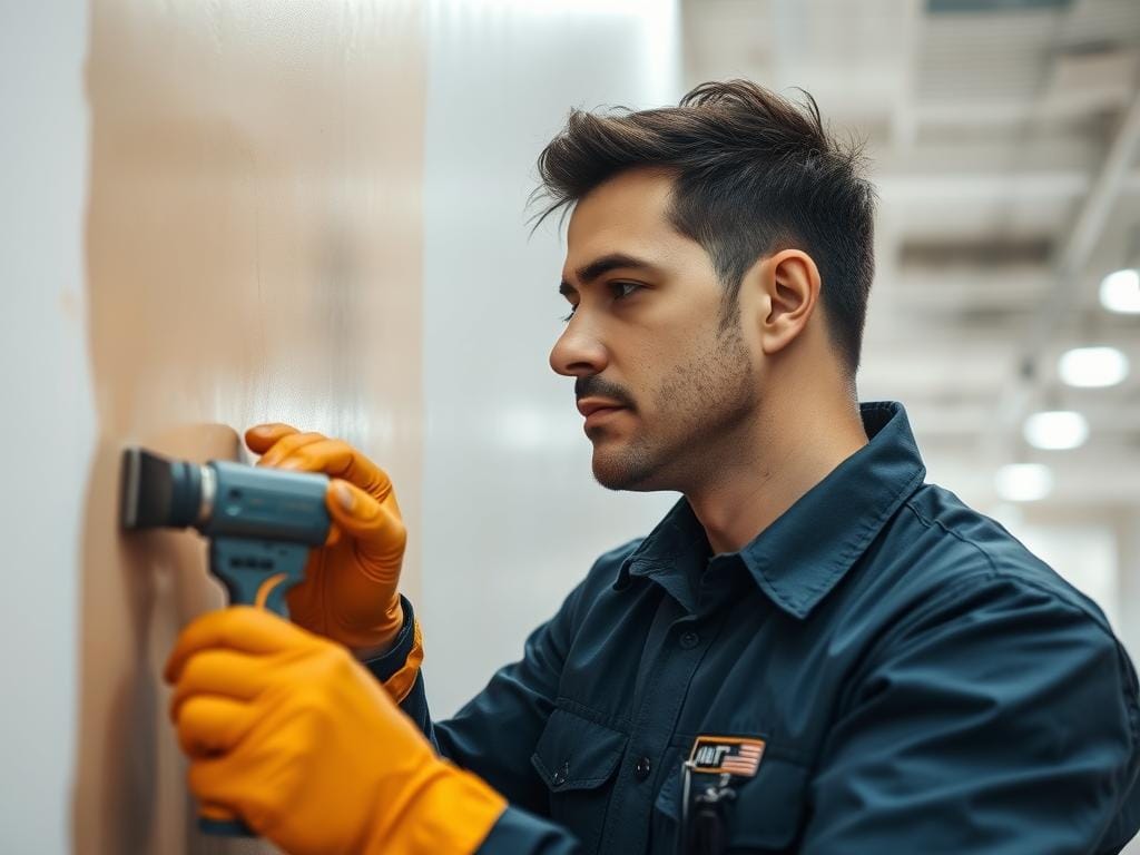 Commercial painter examining a wall surface before painting