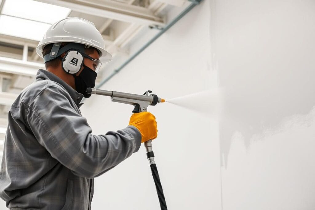 Commercial painters applying paint with professional sprayers