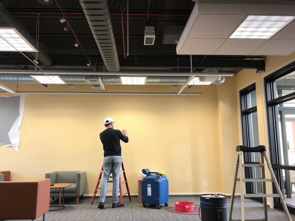 Commercial painters masking and protecting fixtures before painting