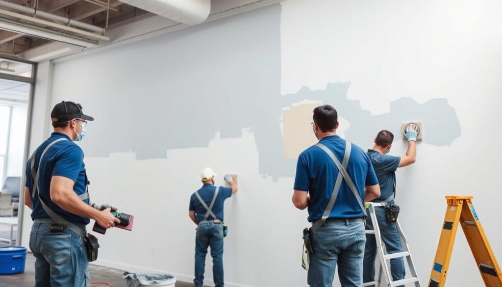 Commercial painters preparing a surface before painting
