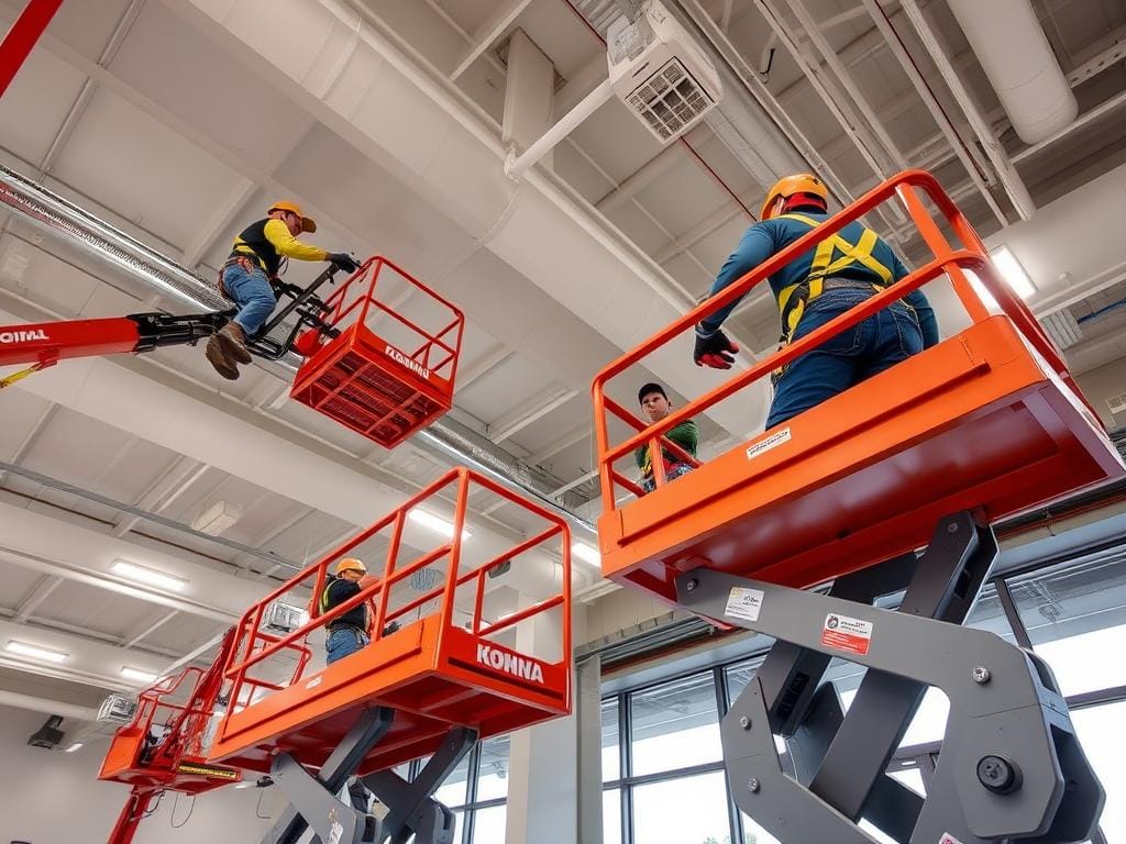 Commercial painters using specialized equipment for high-ceiling painting