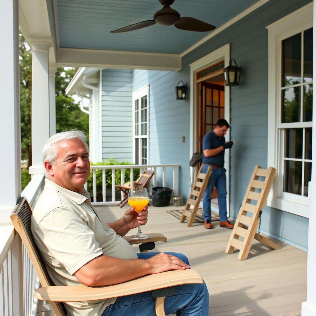 Homeowner relaxing while professional painters work in Galveston County